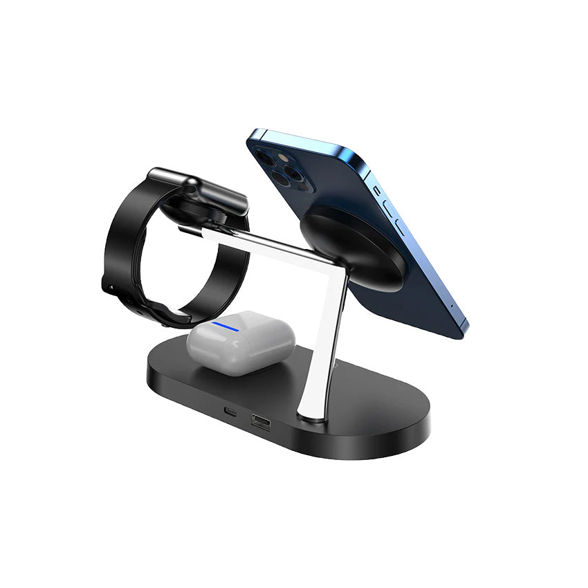 5-In-1 Magnetic Fast Wireless Charger Black back view with phone, watch and airPod  on charging